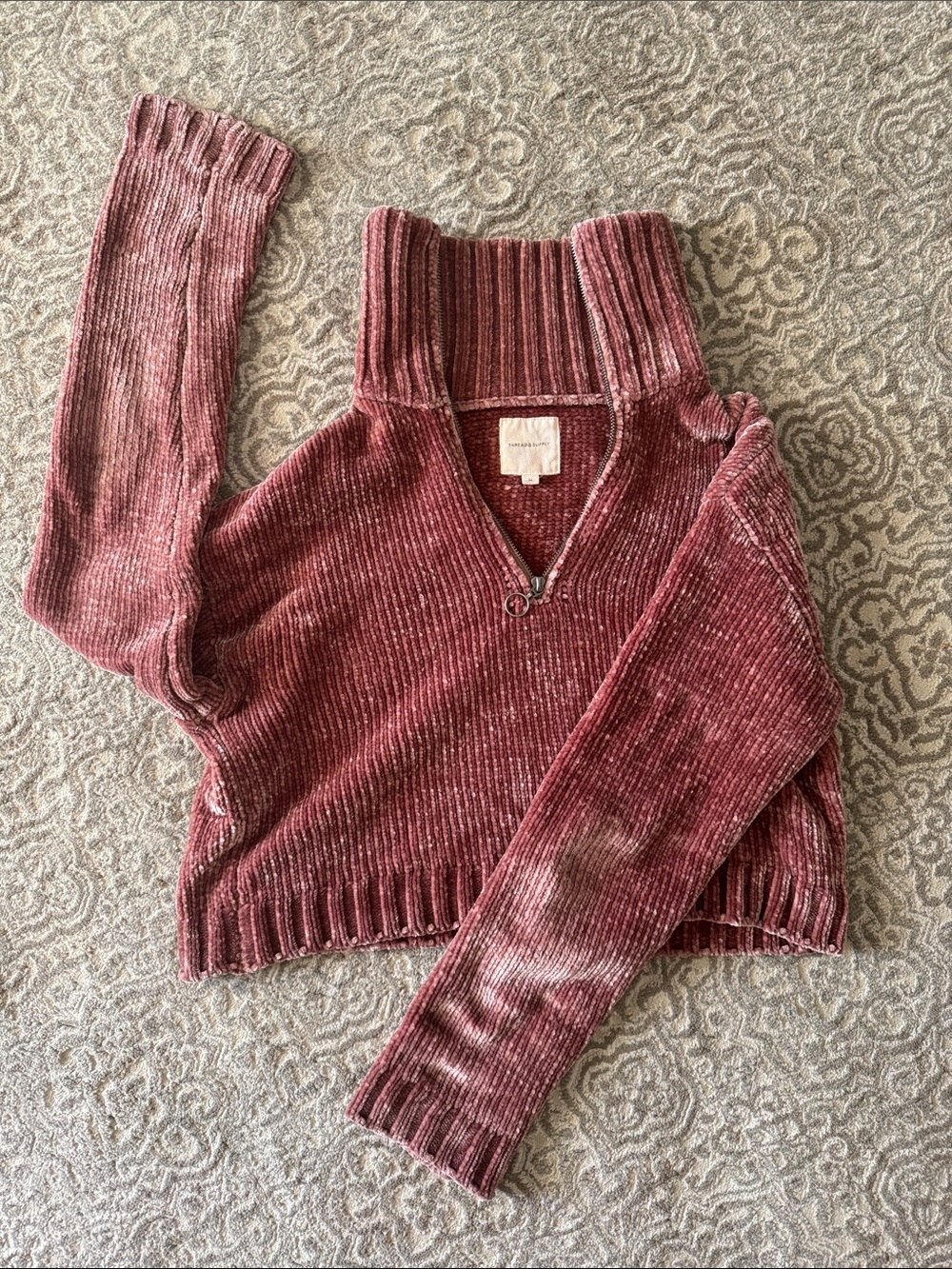 Thread & Supply Ribbed Velvet Half-Zip Turtleneck Sweater in Dusty Rose